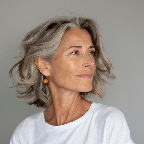 Frau mit Greyblending Haaren und Balayage