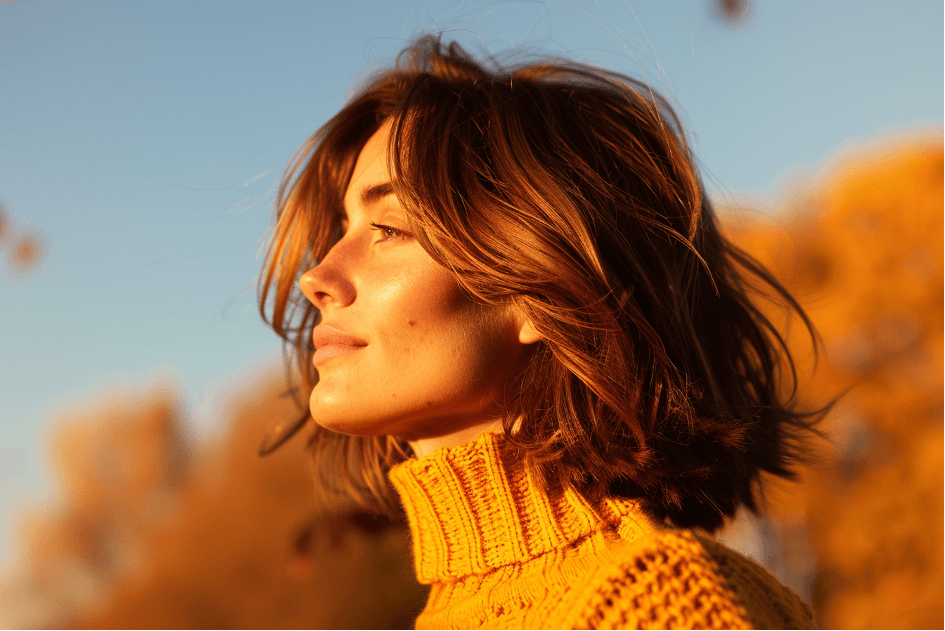 Model mit perfekter Haarpflege ihrer Balayage im Herbst