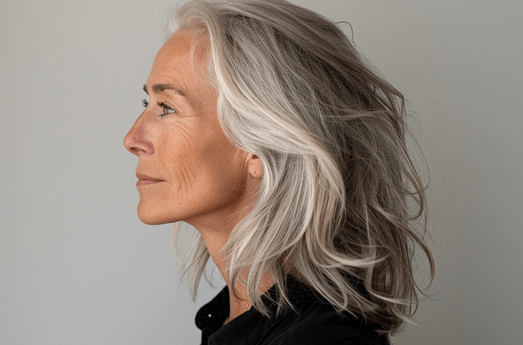 Frau mit ausdrucksstarkem Greyblending made by Kieselbach Friseur Berlin Mitte