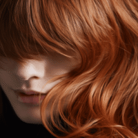 Nahaufnahme von Frauenkopf mit lachsfarbenem Haar