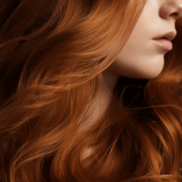 Eine Makroaufnahme eines Frauenkopfes mit Gold-Kupfer Haar